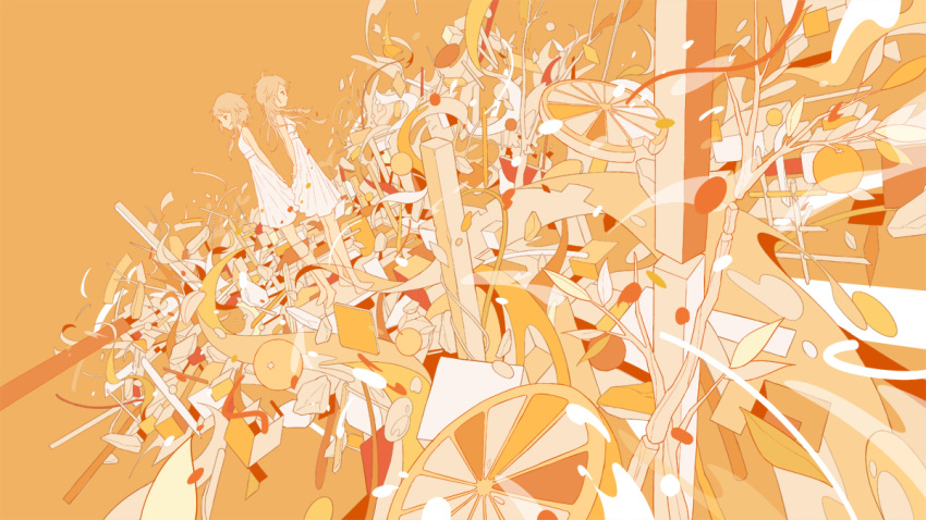 2girls arms_behind_back back-to-back barefoot blonde_hair braid cevio citrus_(vocaloid) commentary dress dutch_angle floating_hair food from_side fruit hebitsukai ia_(vocaloid) leaf monochrome multiple_girls official_art one_(cevio) orange_(fruit) orange_ribbon orange_slice orange_theme ribbon standing vocaloid white_dress wide_shot wind wind_lift