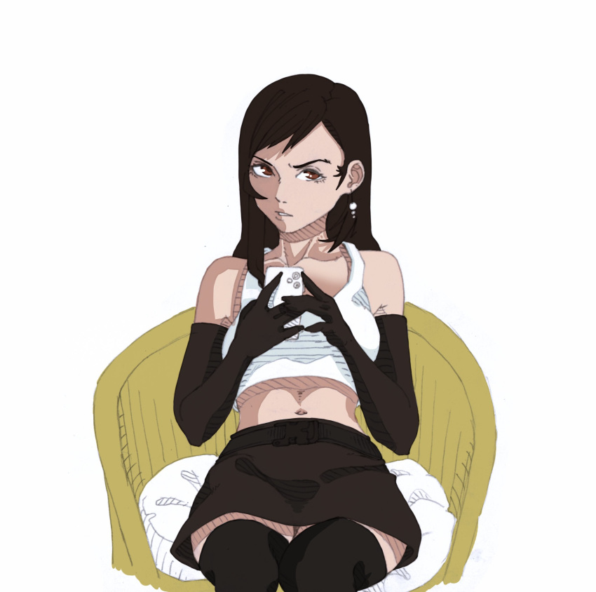 1girl absurdres bare_legs bare_shoulders black_hair breasts final_fantasy final_fantasy_vii highres large_breasts looking_at_viewer phone red_eyes sitting sketch skirt solo tank_top thigh-highs tifa_lockhart zel