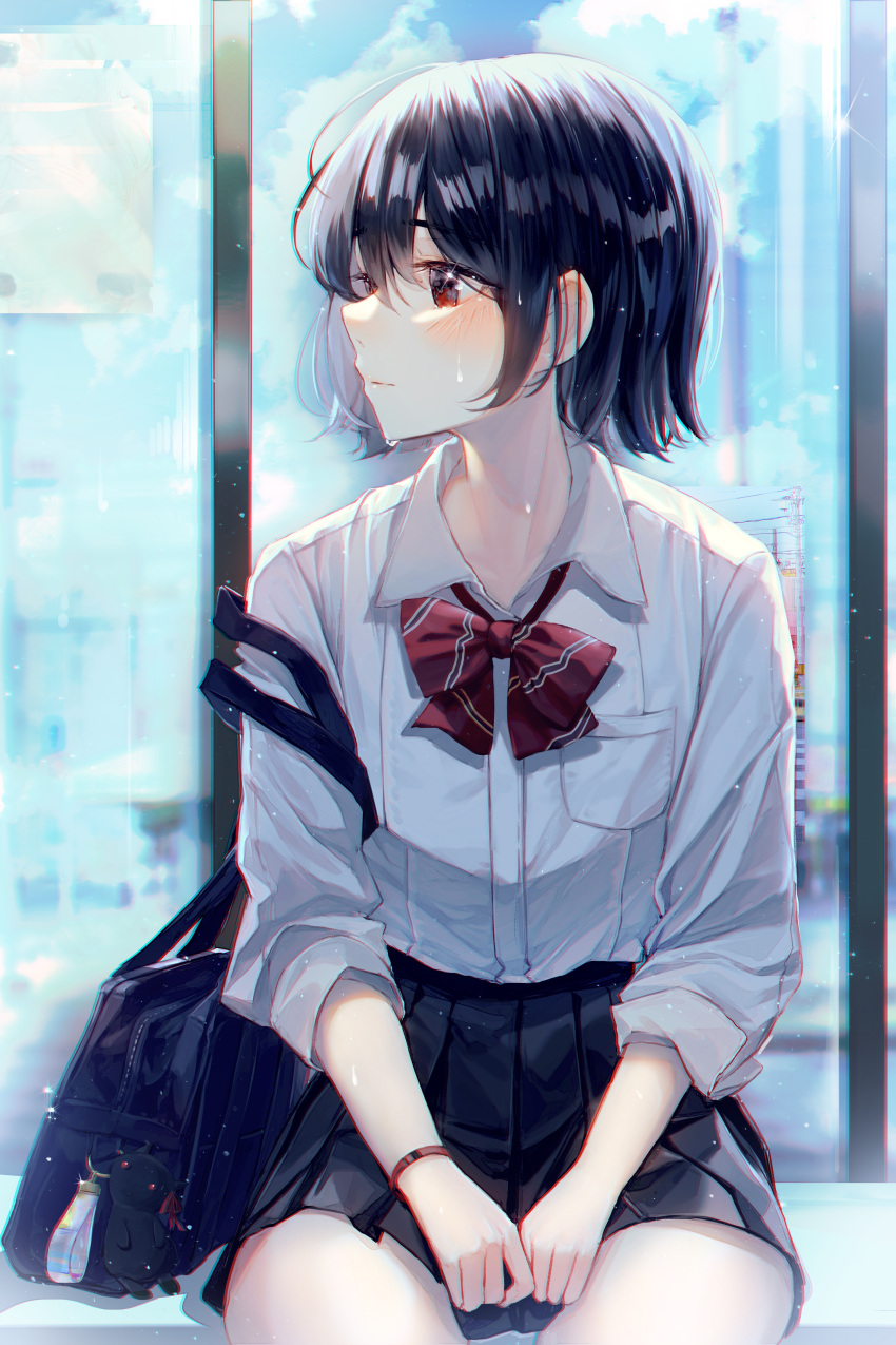 1girl absurdres bag bbeedol black_hair black_skirt blue_sky blush bow bowtie chromatic_aberration closed_mouth eyebrows_visible_through_hair highres looking_to_the_side original pleated_skirt red_bow red_bowtie red_eyes school_bag school_uniform shirt short_hair shoulder_bag sitting skirt sky solo tears thighs uniform white_shirt