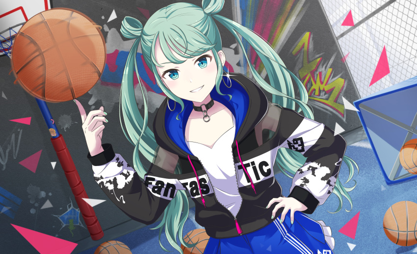 1girl absurdres bangs basketball basketball_court basketball_hoop blue_eyes blue_hair blush chain choker clothes_writing double_bun earrings fence frills graffiti grin hair_bun hair_rings hand_on_hip hand_up hatsune_miku highres hood hoodie hoop_earrings index_finger_raised jewelry keshikasu9 long_hair looking_at_viewer nail_polish official_style partially_unzipped print_hoodie project_sekai see-through see-through_sleeves skirt smile solo spinning swept_bangs tank_top twintails v-shaped_eyebrows very_long_hair vivid_bad_squad_(project_sekai) vocaloid
