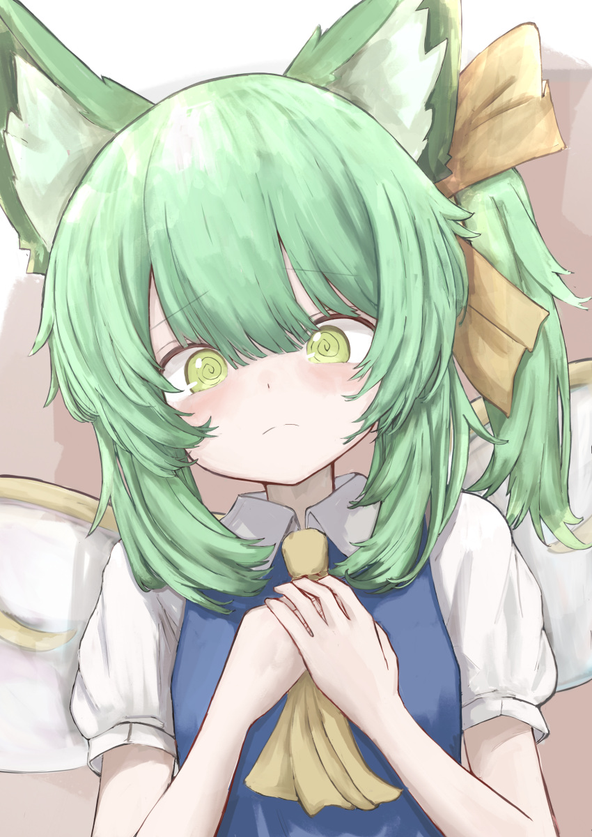 1girl @_@ absurdres animal_ear_fluff animal_ears bangs blue_dress blush bow closed_mouth collared_shirt commentary_request commission daiyousei dress fairy_wings green_eyes green_hair hair_between_eyes hair_bow hands_up highres kemonomimi_mode looking_at_viewer own_hands_together piennamekuzi puffy_short_sleeves puffy_sleeves shirt short_sleeves side_ponytail skeb_commission sleeveless sleeveless_dress solo touhou white_shirt white_wings wings yellow_bow