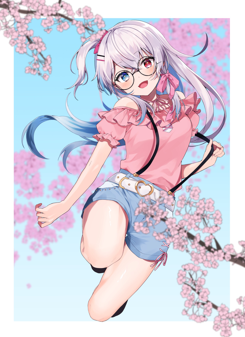 1girl absurdres bare_shoulders belt belt_buckle black-framed_eyewear blue_hair blue_sky blurry blurry_background blurry_foreground blush border bow buckle cha_sakura cherry_blossoms commission fingernails frills glasses gradient green_eyes grey_hair hair_between_eyes hair_ornament hairclip heart heart_belt heterochromia highres long_hair looking_at_viewer multicolored_hair off_shoulder open_mouth original pink_bow pink_ribbon ponytail purple_bow red_eyes ribbon round_eyewear shiny shiny_skin shirt_tucked_in short_shorts shorts skeb_commission sky smile solo streaked_hair symbol-shaped_pupils white_border yellow_pupils