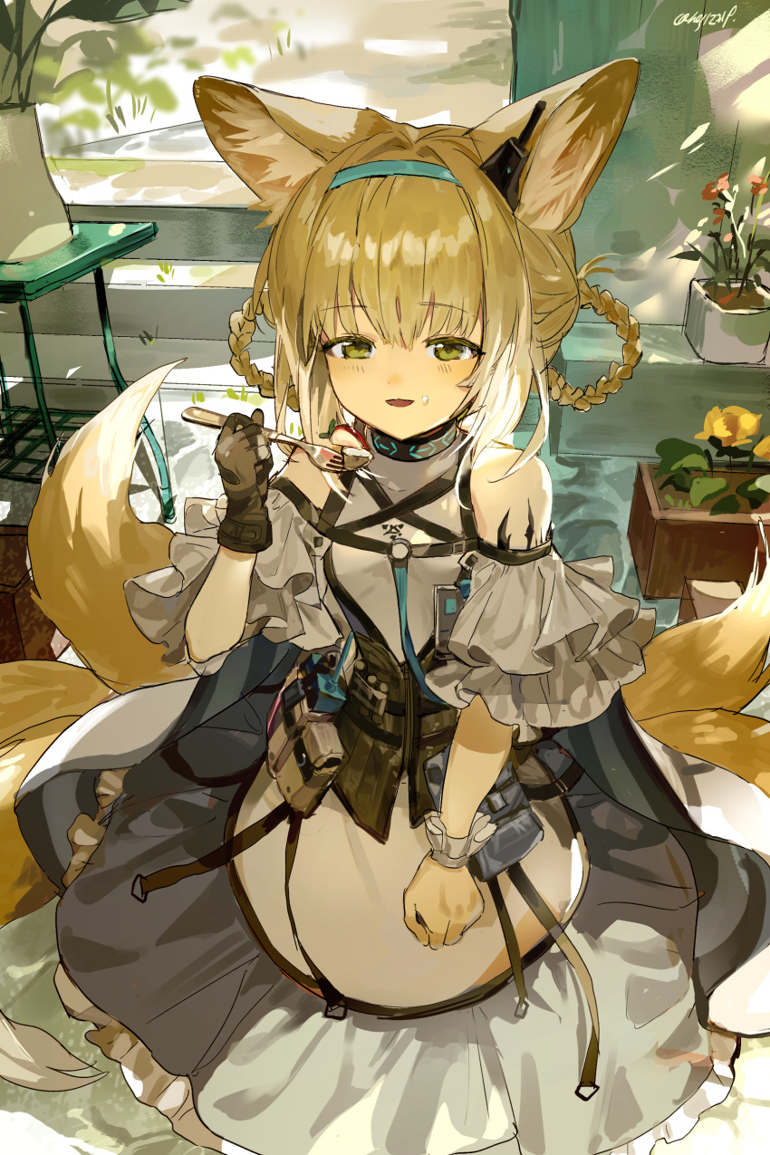 1girl absurdres animal_ears arknights bare_shoulders black_collar black_gloves black_vest blonde_hair blue_dress blue_hairband braid clothing_cutout collar dress earpiece flower food food_on_face fork fox_ears fox_girl fox_tail frilled_dress frills gloves green_eyes hairband hand_up highres holding holding_fork indoors infection_monitor_(arknights) kitsune light_blush long_hair multicolored_hair open_mouth orange_flower oripathy_lesion_(arknights) plant potted_plant shoulder_cutout single_glove single_wrist_cuff sitting solo streaked_hair suzuran_(arknights) table tactical_clothes tail twice12314 two-tone_dress vest white_dress white_hair white_wrist_cuffs window wrist_cuffs yellow_flower