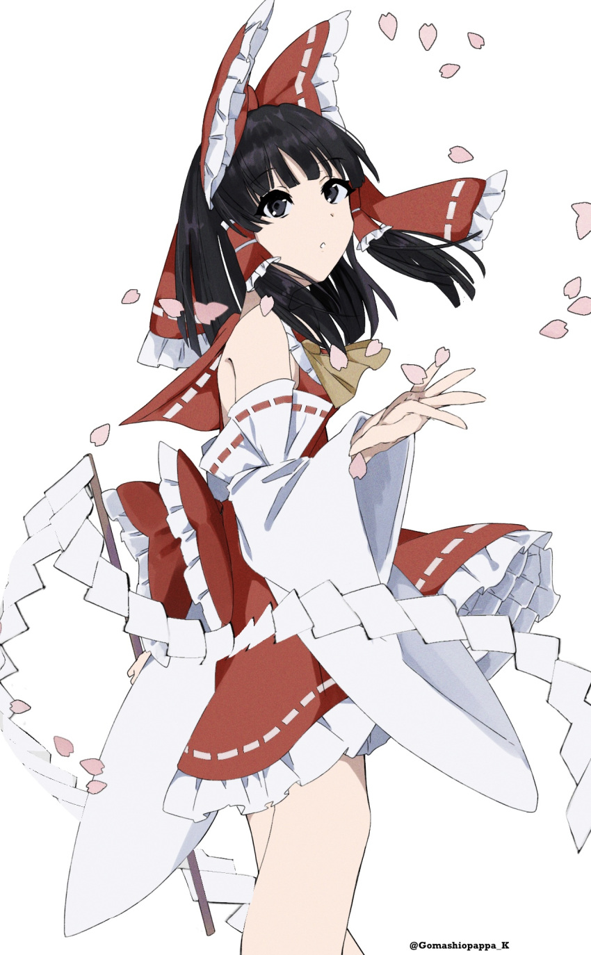 1girl :o ascot bangs black_eyes black_hair blunt_bangs bow branch detached_sleeves falling_petals frilled_bow frilled_hair_tubes frills gohei gomashiopappa_k hair_bow hair_tubes hakurei_reimu highres long_sleeves medium_hair nontraditional_miko open_mouth petals petticoat red_bow red_skirt red_vest ribbon-trimmed_sleeves ribbon_trim sidelocks simple_background skirt solo touhou twitter_username vest white_background wide_sleeves yellow_ascot
