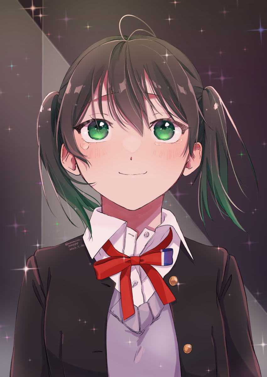 absurdres bangs black_hair collared_shirt dress_shirt gradient_hair green_eyes green_hair hair_between_eyes highres love_live! love_live!_nijigasaki_high_school_idol_club medium_hair mmmiso_souppp multicolored_hair neck_ribbon nijigasaki_academy_school_uniform red_ribbon ribbon school_uniform shirt streaked_hair takasaki_yuu tears twintails two-tone_hair white_shirt