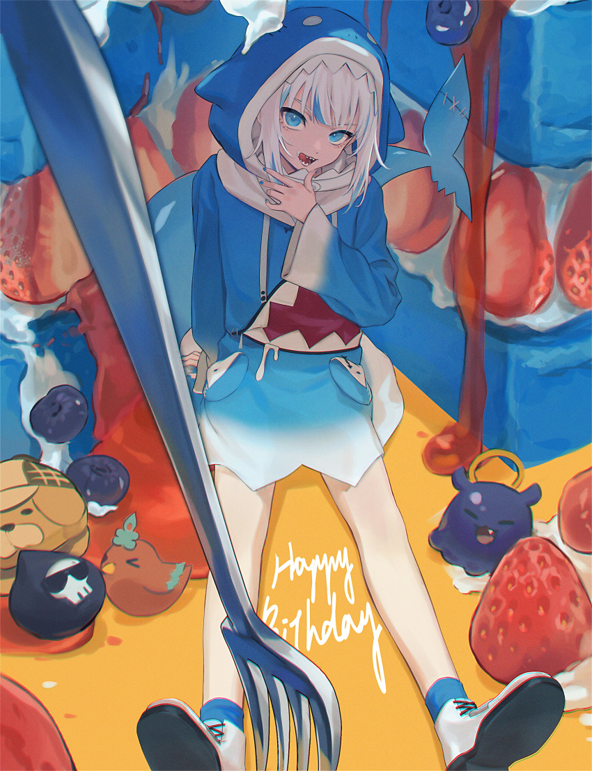 1girl absurdres animal_hood blue_eyes blue_hair blue_hoodie blue_legwear blue_nails blueberry bubba_(watson_amelia) cake commentary cross-laced_footwear death-sensei_(mori_calliope) fish_tail flat_chest food food_on_face fork fruit full_body gawr_gura happy_birthday highres hololive hololive_english hood hood_up hoodie kotori_(takanashi_kiara) long_sleeves looking_at_viewer medium_hair multicolored_hair nail_polish open_mouth oversized_food oversized_object ryuko_lee shark_hood shark_tail sharp_teeth shoes sitting smile socks solo stitches strawberry streaked_hair tail tako_(ninomae_ina'nis) teeth tongue tongue_out two-tone_hair v-shaped_eyebrows virtual_youtuber whipped_cream white_footwear white_hair