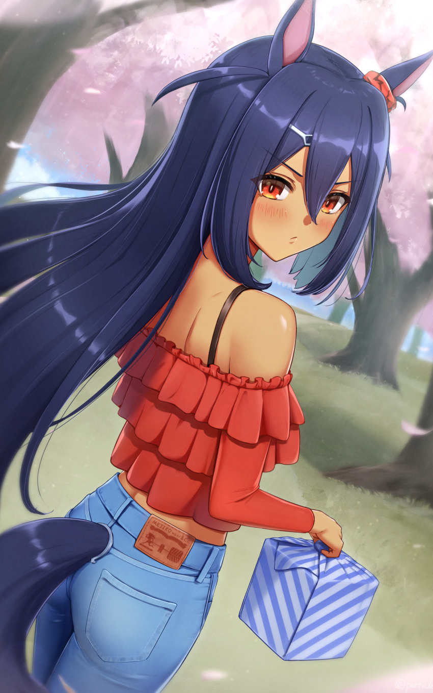 1girl absurdres animal_ears bare_shoulders black_hair blush casual cherry_blossoms commentary cowboy_shot dark-skinned_female dark_skin denim dutch_angle from_behind hair_between_eyes hair_ornament hairclip hanami highres hishi_amazon_(umamusume) holding horse_ears horse_girl horse_tail jeans long_hair long_sleeves looking_at_viewer outdoors pants particle_sfs red_eyes solo standing tail tail_through_clothes tree umamusume