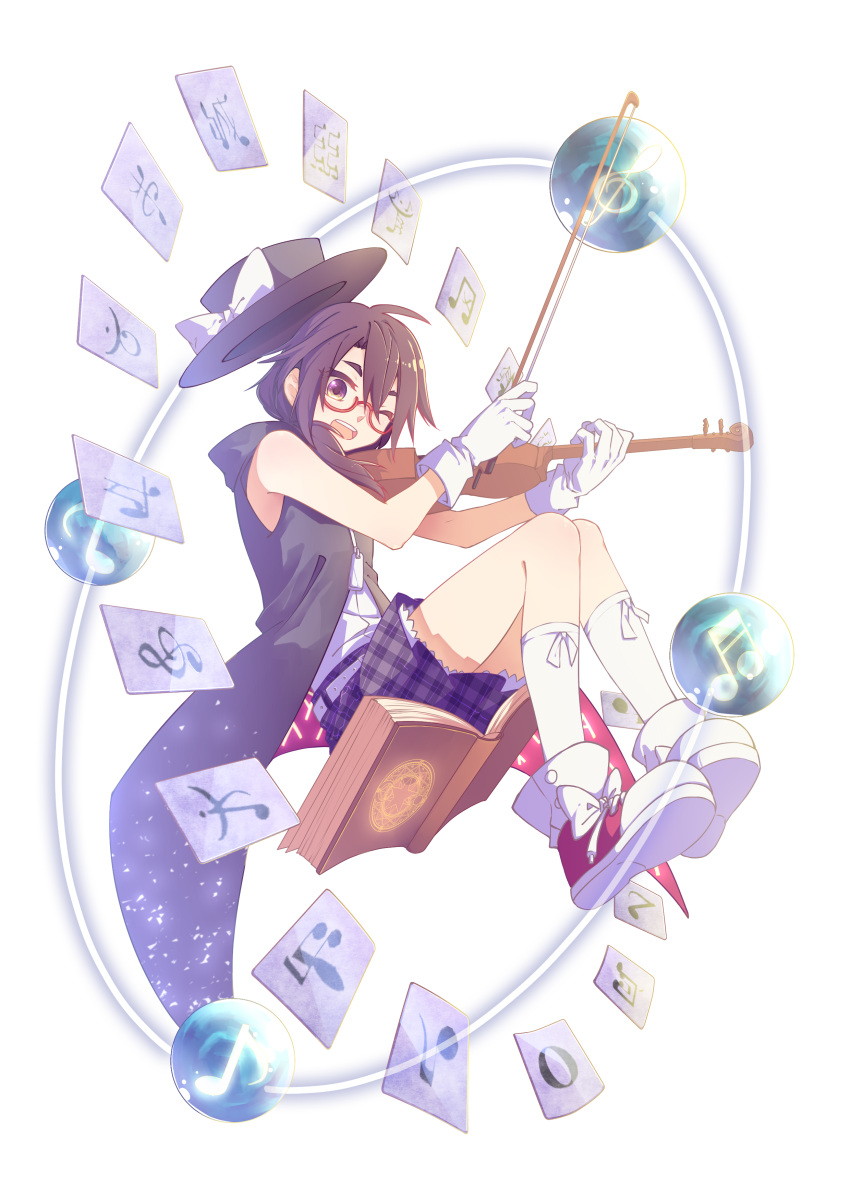 absurdres adapted_costume book bow_(music) brown_hair coat fedora glasses gloves hat highres instrument ko_kita musical_note occult_ball plaid plaid_skirt shoes skirt sleeveless sleeveless_coat smile sneakers touhou usami_sumireko violin