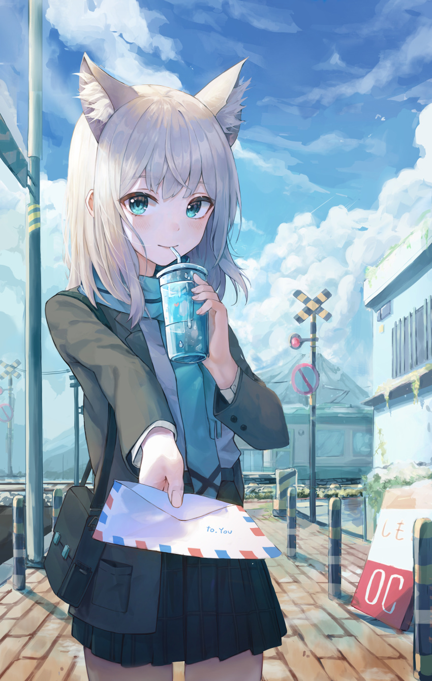 1girl absurdres animal_ears bag bangs blue_archive blue_eyes blue_scarf blue_sky blurry clouds cloudy_sky cup depth_of_field disposable_cup drink drinking_straw drinking_straw_in_mouth dual_wielding english_commentary english_text eyebrows_visible_through_hair giving hair_between_eyes highres holding holding_cup holding_letter holding_paper letter long_sleeves looking_at_viewer mountainous_horizon paper plaid plaid_skirt pleated_skirt railroad_crossing railroad_crossing_ahead_sign railroad_tracks scarf school_bag school_uniform shiroko_(blue_archive) short_hair shoulder_bag sidelocks simo_(user_fshg3833) skirt sky smile solo white_hair wolf_ears