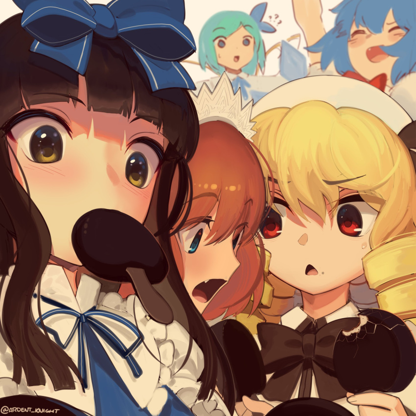 5girls ? bangs blonde_hair blue_bow blue_eyes blue_hair blue_ribbon blue_shirt boa_(brianoa) bow bowtie brown_bow brown_bowtie brown_hair chestnut_mouth cirno daiyousei english_commentary fairy_wings fang food food_in_mouth food_on_face green_hair hair_bow highres holding ice ice_cream_bar ice_wings luna_child medium_hair mouth_hold multiple_girls neck_ribbon open_mouth orange_hair red_bow red_bowtie ribbon shirt simple_background star_sapphire sunny_milk touhou twitter_username upper_body white_headwear white_shirt wings yellow_eyes