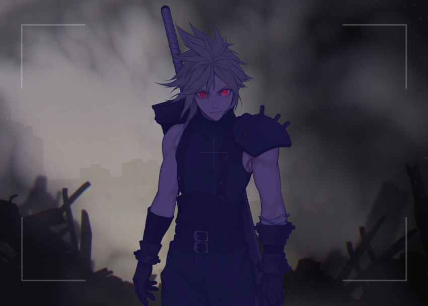 1boy armor bare_shoulders belt black_gloves blonde_hair building closed_mouth cloud_strife dark final_fantasy final_fantasy_vii gloves glowing glowing_eyes hair_between_eyes kiki_lala looking_at_viewer male_focus outdoors pauldrons post-apocalypse recording red_eyes rubble shoulder_armor silhouette single_bare_shoulder single_pauldron smoke solo spiky_hair standing sword weapon weapon_on_back