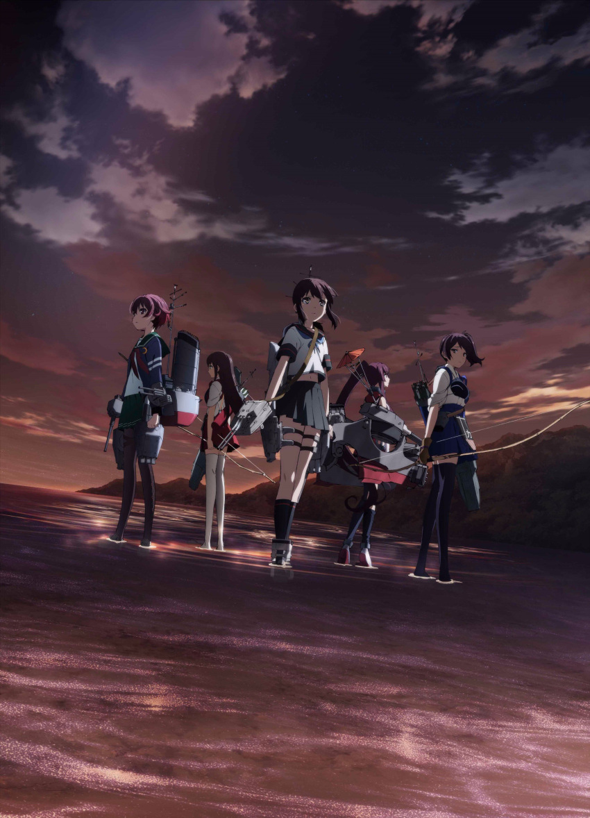 5girls akagi_(kancolle) akagi_(kantai_collection) apron arrow_(projectile) black_jacket black_legwear black_sailor_collar black_skirt blue_hakama blue_skirt bow_(weapon) brown_eyes brown_hair cannon fubuki_(kancolle) fubuki_(kantai_collection) fubuki_kai_ni_(kancolle) gradient_hair green_sailor_collar green_skirt hakama hakama_skirt highres holding holding_bow_(weapon) holding_turret holding_weapon jacket japanese_clothes kaga_(kancolle) kaga_(kantai_collection) kantai_collection kantai_collection_(anime) key_visual long_hair looking_at_another looking_away looking_to_the_side looking_up machinery mast multicolored_hair multiple_girls muneate mutsuki_(kancolle) mutsuki_(kantai_collection) mutsuki_kai_ni_(kancolle) navel neckerchief official_art oil-paper_umbrella pantyhose pleated_skirt ponytail promotional_art quiver red_hair red_hakama red_neckerchief red_skirt sailor_collar school_uniform serafuku short_hair short_sleeves side_ponytail sidelocks single_thighhigh skirt smokestack socks straight_hair tasuki thigh-highs thigh_strap torpedo_tubes turret umbrella weapon white_legwear yamato_(kancolle) yamato_(kantai_collection) yumi_(bow)