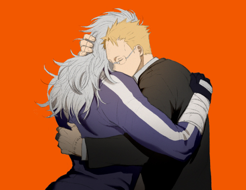 1boy 1girl arm_wrap black_gloves black_jacket blonde_hair blue_jacket closed_eyes collared_shirt dorohedoro formal glasses gloves grey_hair hand_on_another's_back hand_on_another's_head highres hug jacket ki_(mxxxx) long_hair long_sleeves noi_(dorohedoro) red_background shin_(dorohedoro) shirt short_hair simple_background stitched_fingers stitched_hand suit track_suit upper_body white_shirt