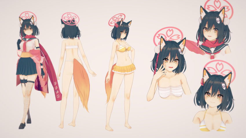 1girl 3d :d animal_ear_fluff animal_ears asymmetrical_gloves back bangs bikini black_gloves black_hair black_skirt blue_archive blush breasts brown_eyes commentary_request elbow_gloves ellenlaire fang fox_ears fox_girl fox_tail from_behind full_body gloves hair_between_eyes halo happy highres izuna_(blue_archive) koikatsu_(medium) long_sleeves looking_at_viewer mask mask_on_head medium_breasts multiple_persona partially_fingerless_gloves shirt single_thighhigh skirt sleeveless sleeveless_shirt smile solo swimsuit tail thigh-highs weapon white_background white_shirt wide_sleeves