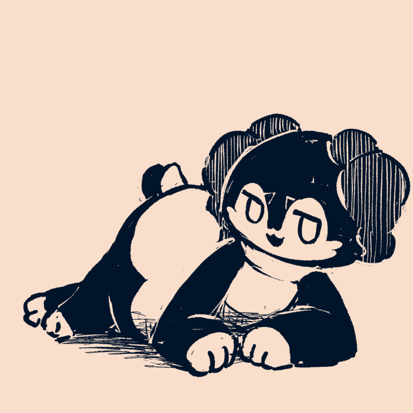 1girl :3 animal_feet animal_hands commentary full_body furry furry_female goat_girl goat_horns goat_tail half-closed_eyes happy highres horns indeedee indeedee_(female) jitome looking_at_viewer lying monochrome nanami_marron on_side open_mouth pink_background pokemon pokemon_(creature) short_tail simple_background smile solo tail