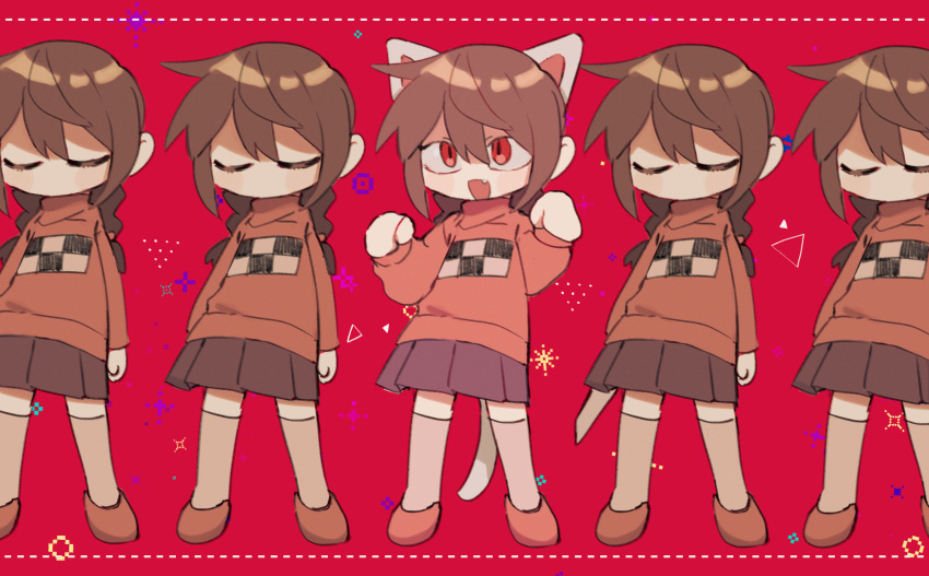 5girls animal_ears braid brown_hair cat_ears cat_tail closed_eyes closed_mouth fang highres hrdrifter kitchen_knife long_hair long_sleeves madotsuki multiple_girls open_mouth paw_pose pink_footwear pink_sweater pixels red_background red_eyes shoes skirt socks sweater tail twin_braids yume_nikki