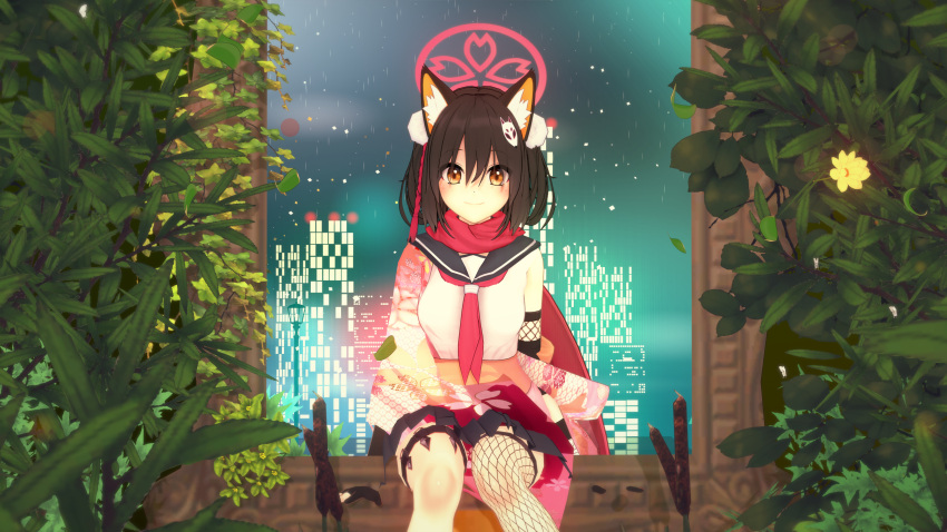 1girl 3d :d animal_ear_fluff animal_ears asymmetrical_gloves bangs black_gloves black_hair black_skirt blue_archive blush breasts brown_eyes commentary_request elbow_gloves ellenlaire fang fox_ears fox_girl fox_tail gloves hair_between_eyes halo happy highres izuna_(blue_archive) koikatsu_(medium) long_sleeves looking_at_viewer mask mask_on_head medium_breasts partially_fingerless_gloves shirt single_thighhigh skirt sleeveless sleeveless_shirt smile solo tail thigh-highs weapon white_background white_shirt wide_sleeves