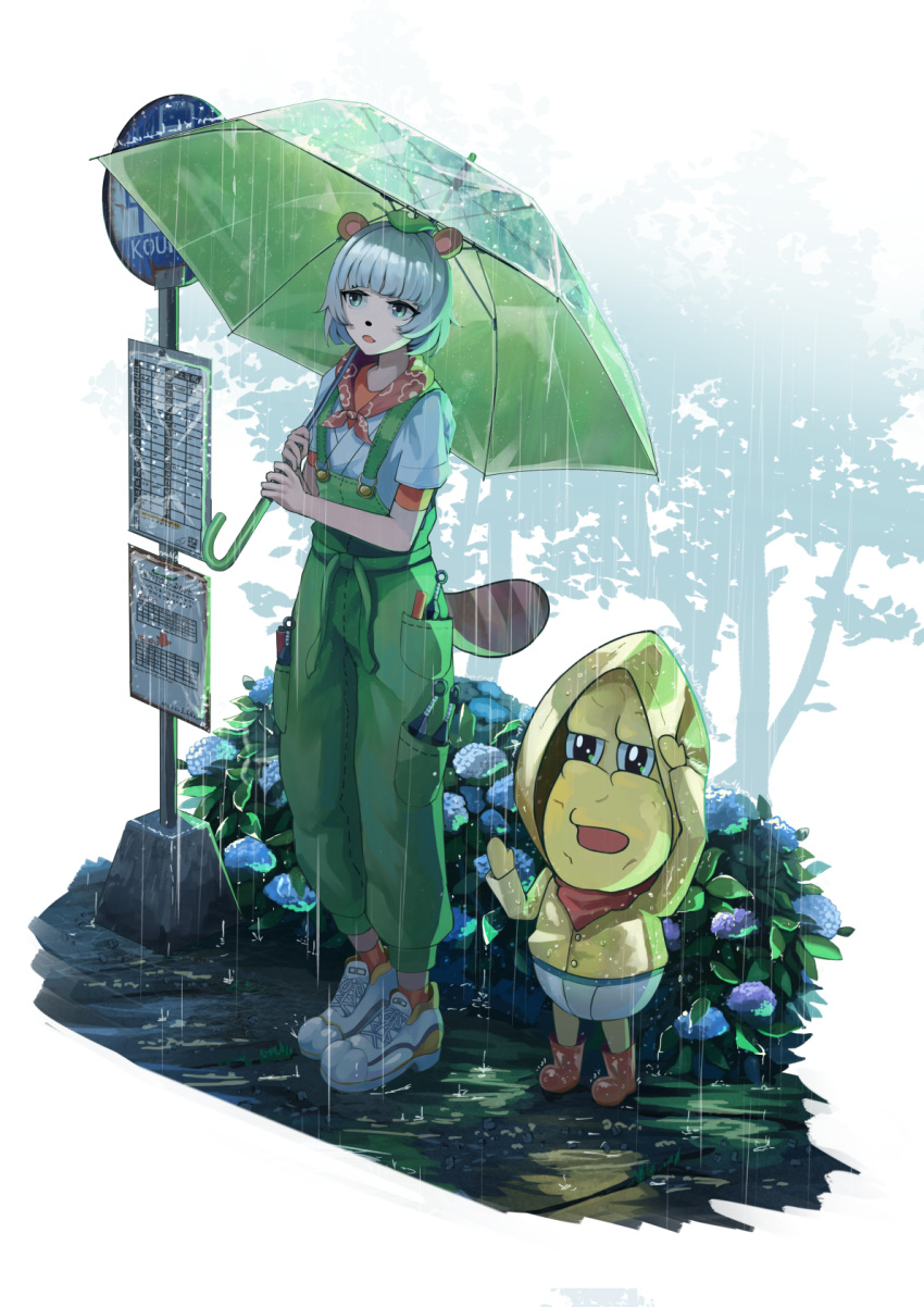 1boy 1girl animal_ears bangs blunt_bangs bob_cut boots commentary flower full_body green_eyes green_overalls green_umbrella grey_hair highres holding holding_umbrella hydrangea kunai leaf leaf_on_head long_sleeves looking_away male_underwear medium_hair mode_aim object_head open_mouth outdoors overalls peanut peanuts-kun ponpoko_(vtuber) raccoon_ears raccoon_girl raccoon_tail rain red_footwear road_sign sakatsuki_yakumo shoes short_sleeves sign sneakers standing tail umbrella underwear virtual_youtuber weapon white_flower