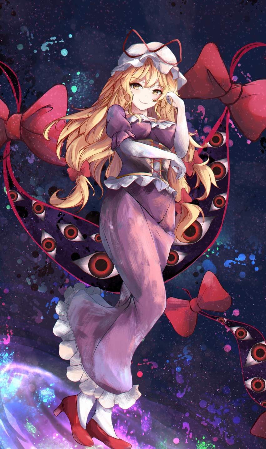 1girl absurdres arm_rest black_corset blonde_hair bow breasts closed_mouth corset darkness dress dutch_angle elbow_gloves floating frilled_dress frills full_body gloves hair_bow hand_in_own_hair hat hat_ribbon high_heels highres long_hair looking_at_viewer medium_breasts mob_cap orchid_(orukido) pose purple_dress red_bow red_eyes red_footwear ribbon sidelocks smile smirk solo space touhou very_long_hair white_gloves white_headwear white_legwear yakumo_yukari yellow_eyes