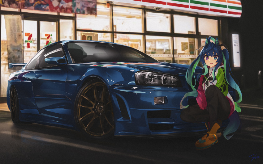 1girl 7-eleven :d absurdres ahoge animal_ears black_legwear blue_eyes blue_hair car commentary english_commentary ground_vehicle heterochromia highres horse_ears horse_girl horse_tail jacket long_hair long_sleeves looking_at_viewer motor_vehicle multicolored_hair nissan nissan_skyline_gt-r nougat_(73r1r1) pantyhose posture_request sharp_teeth signature sitting smile solo tail teeth twin_turbo_(umamusume) twintails umamusume vehicle_focus violet_eyes yellow_footwear