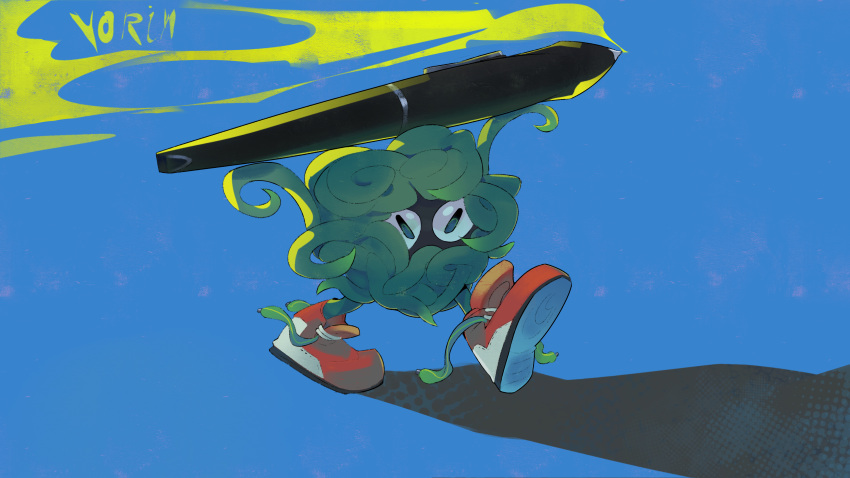 absurdres artist_name blue_background commentary full_body highres holding no_humans plant pokemon pokemon_(creature) red_footwear shoes signature sneakers solo standing tangela vines yorin