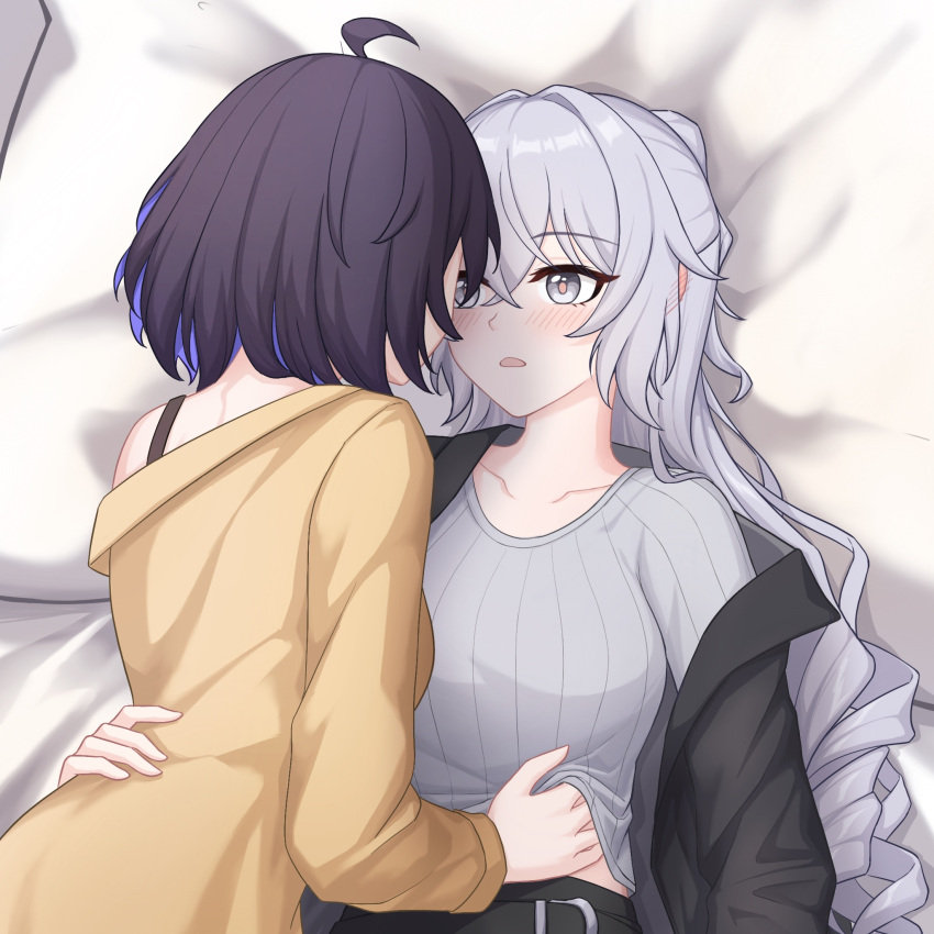 2girls ahoge alternate_costume black_hair blue_hair bronya_zaychik broseele collarbone eyebrows_visible_through_hair grey_eyes grey_hair highres honkai_(series) honkai_impact_3rd long_hair looking_at_another multicolored_hair multiple_girls seele_vollerei short_hair two-tone_hair upper_body yuri