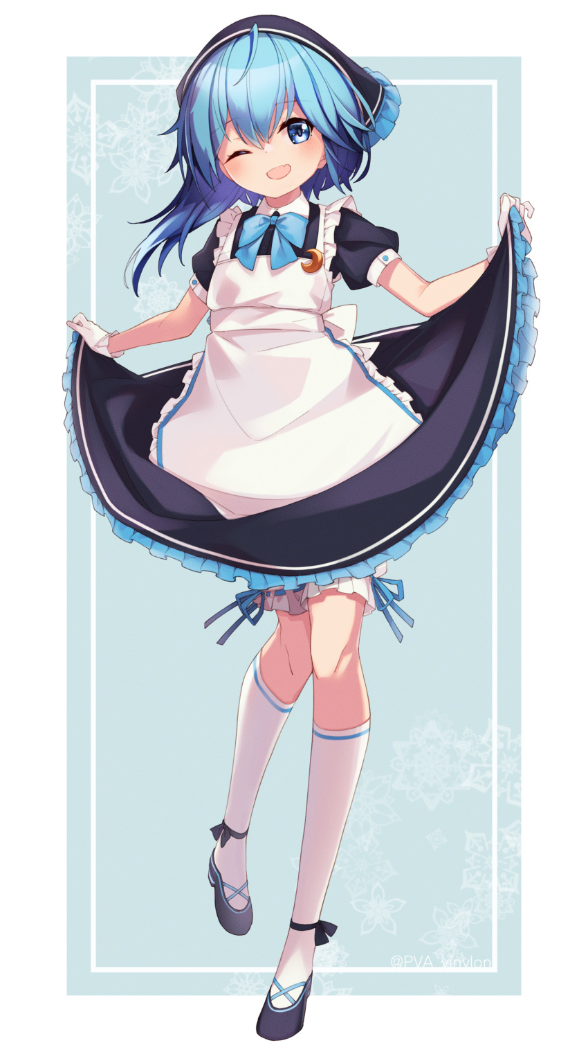 1girl absurdres alternate_costume apron asymmetrical_hair black_dress bloomers blue_eyes blue_hair blush crescent crescent_pin dress enmaided eyebrows_visible_through_hair full_body hair_between_eyes highres kantai_collection kneehighs maid minazuki_(kancolle) one_eye_closed open_mouth puffy_short_sleeves puffy_sleeves short_hair short_sleeves smile solo twitter_username underwear uut white_apron white_bloomers white_legwear