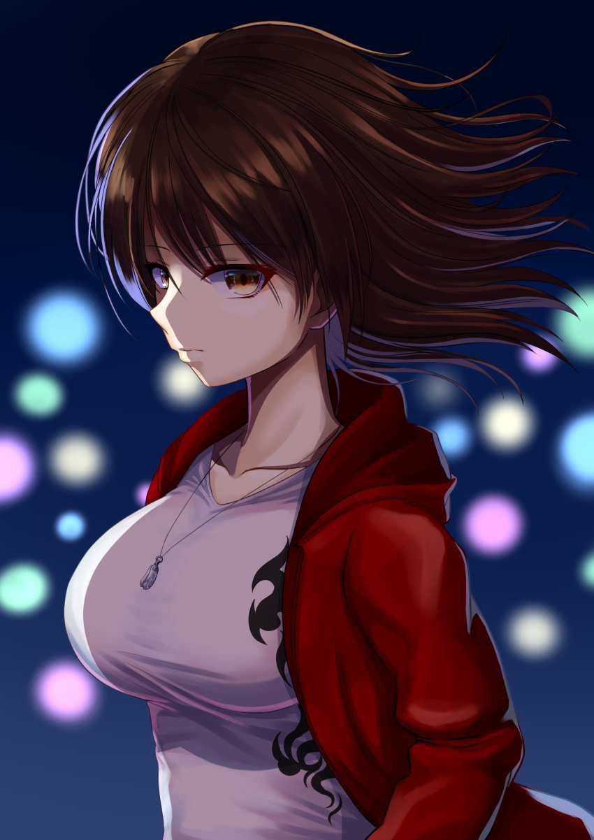 1girl absurdres black_hair blurry blurry_background breasts brown_eyes closed_mouth daien highres jacket jewelry large_breasts light_particles long_sleeves looking_at_viewer original pendant red_jacket shade shirt short_hair solo upper_body white_shirt