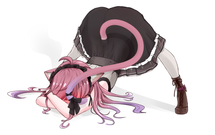 ahoge animal_ears bangs bare_arms black_dress black_ribbon blush boots cat_ears cat_tail covering_face dress embarrassed frilled_dress frilled_hairband frills gothic_lolita gradient_hair hairband highres indie_virtual_youtuber jack-o'_challenge lolita_fashion mikeneko_(utaite) milk_tea_1993 multicolored_hair pink_hair purple_hair ribbon simple_background steam steaming_body tail thigh-highs