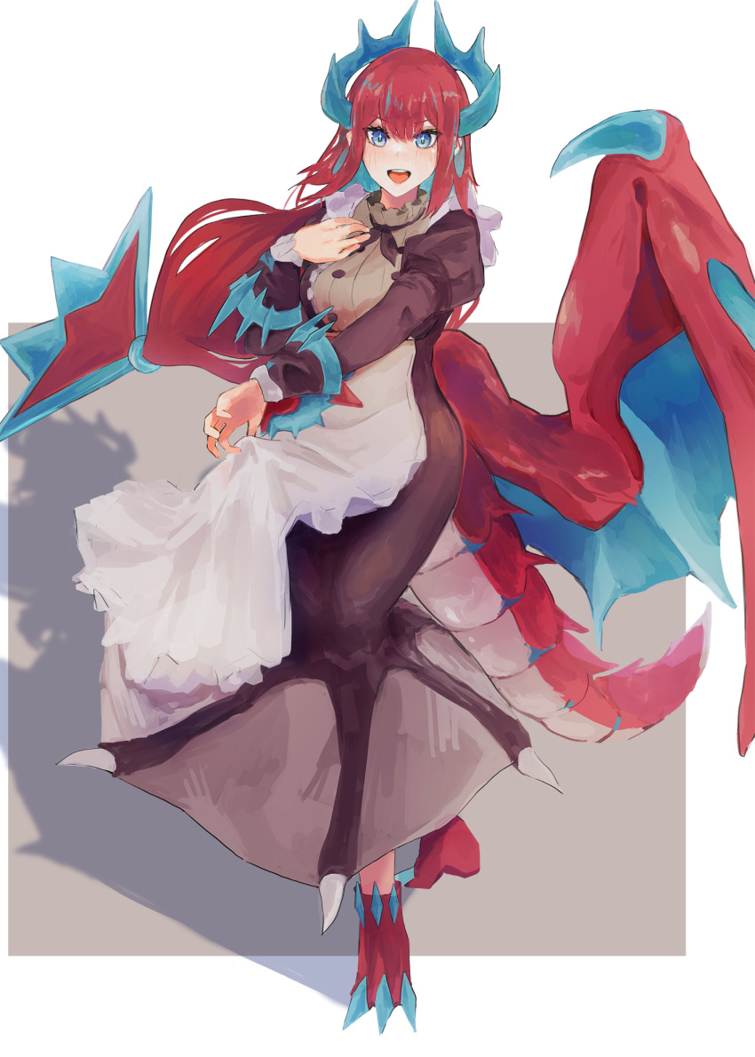 1girl apron apron_lift barefoot blue_eyes blue_hair claws contrapposto dragon_girl dragon_horns dragon_tail dragon_wings dress duel_monster full_body hand_on_own_chest highres horns kitchen_dragonmaid long_hair looking_at_viewer maid maid_apron monster_girl multicolored_hair redhead reraise shadow simple_background smile solo tail very_long_hair wings yu-gi-oh!