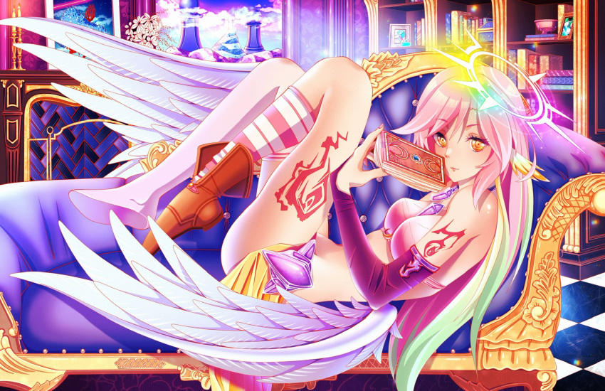 1girl angel angel_wings animal_ears asymmetrical_legwear bird_ears book breasts bridal_gauntlets closed_mouth commentary couch crop_top english_commentary feathered_wings gradient_hair halo highres holding holding_book indoors jibril_(no_game_no_life) jj_quinn long_hair looking_at_viewer low_wings lying magic_circle medium_breasts midriff mismatched_legwear multicolored_hair no_game_no_life on_back pink_hair shoes single_shoe solo tattoo thighs very_long_hair white_wings wing_ears wings yellow_eyes