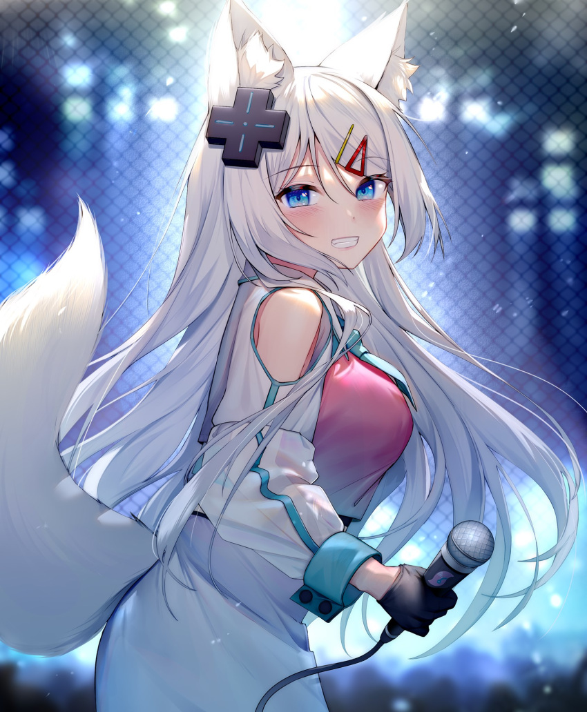 1girl animal_ear_fluff animal_ears bangs black_gloves blue_eyes blue_necktie blush clothing_cutout d-pad d-pad_hair_ornament fox_ears fox_girl fox_tail gloves grin hair_ornament hairclip highres holding holding_microphone ihachisu long_hair long_sleeves looking_at_viewer looking_to_the_side meridian_project microphone mizuki_channel necktie shoulder_cutout skirt smile solo tail teeth upper_body virtual_youtuber white_hair white_skirt