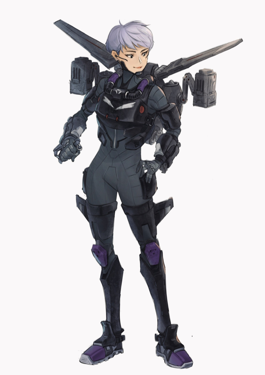 1girl apex_legends black_bodysuit black_eyes black_footwear black_gloves bodysuit boots controller full_body gloves grey_background grey_hair hand_on_hip highres holding jetpack joystick knee_boots looking_down looking_to_the_side metal_boots short_hair smile solo valkyrie_(apex_legends) yaco_(085)