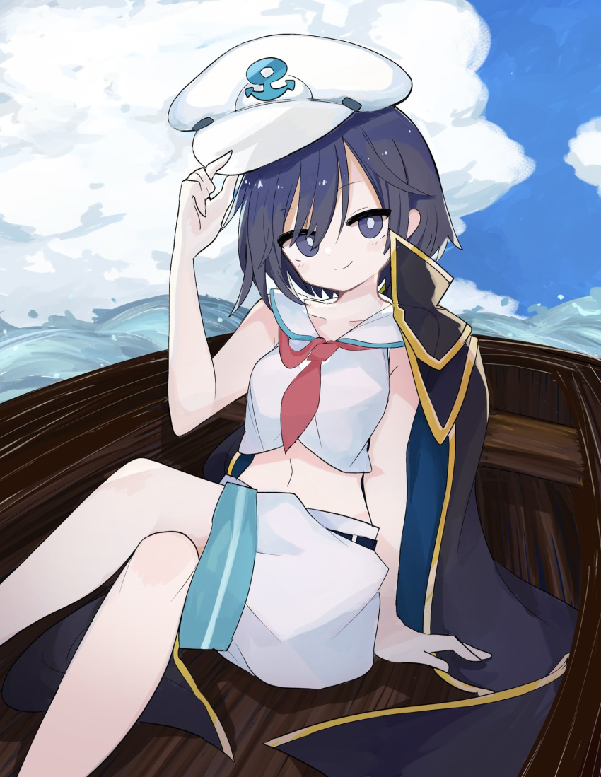 1girl 76gpo anchor_symbol bangs black_coat black_eyes black_hair boat bright_pupils closed_mouth clouds coat crossed_legs hand_on_headwear hat highres looking_at_viewer murasa_minamitsu navel neckerchief ocean outdoors red_neckerchief sailor_hat shirt shorts sitting sleeveless sleeveless_shirt smile solo touhou touhou_gouyoku_ibun watercraft white_headwear white_pupils white_shorts