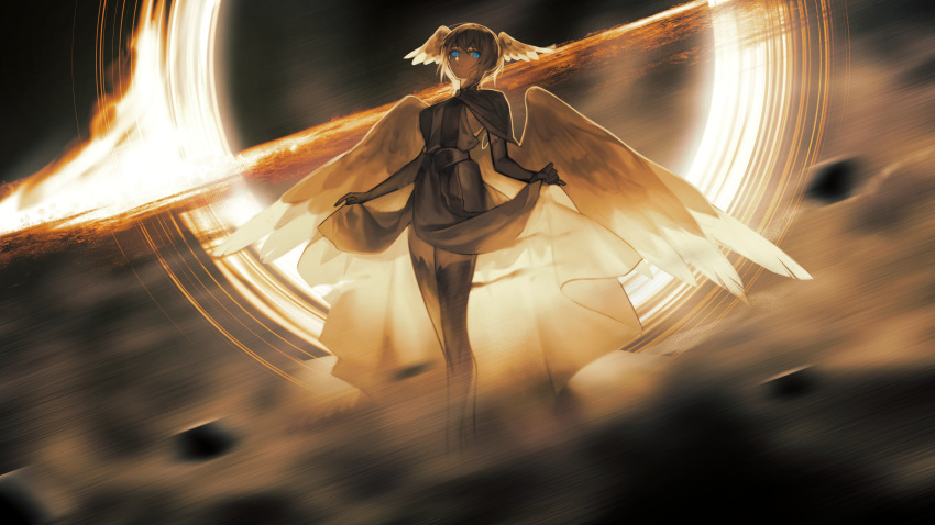 1girl bangs bird_legs bird_wings black_background black_capelet black_dress black_gloves black_hair blue_eyes capelet chinese_commentary commentary_request dress eboda-x elbow_gloves feathered_wings final_fantasy final_fantasy_xiv fire full_body gloves glowing glowing_eyes head_wings highres looking_at_viewer looking_down meteion motion_blur multiple_wings orange_theme parted_lips short_hair single_tear skirt_hold solo standing wings