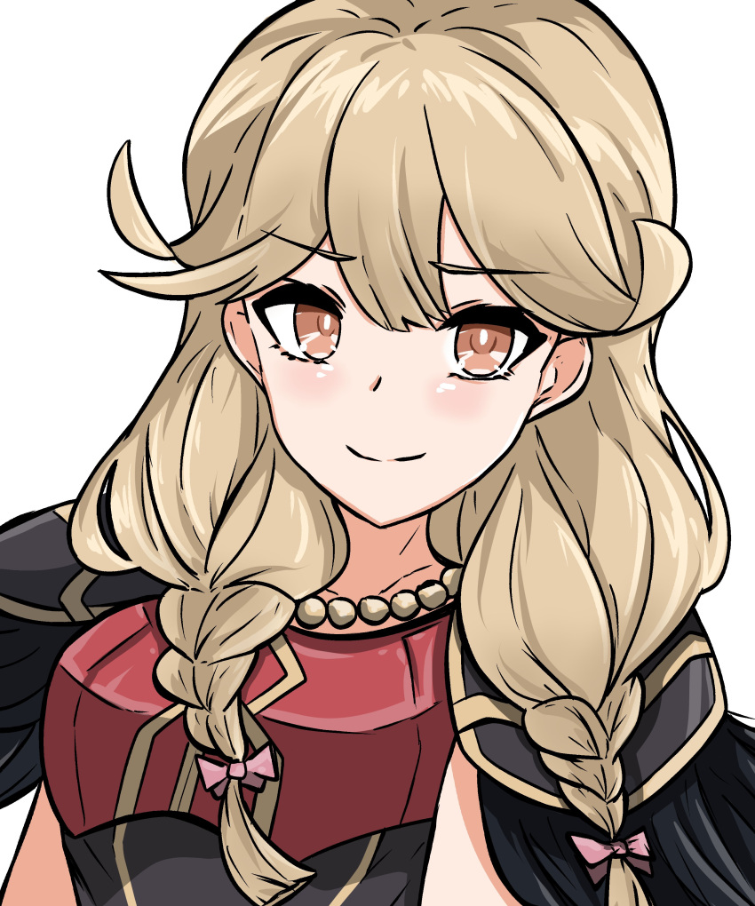 1girl absurdres armor bangs bow braid breastplate brown_eyes brown_hair faye_(fire_emblem) fire_emblem fire_emblem_echoes:_shadows_of_valentia fire_emblem_heroes hair_bow highres long_hair looking_at_viewer official_alternate_costume pink_bow shoulder_armor smile solo thigh_high_tavi twin_braids twintails upper_body white_background