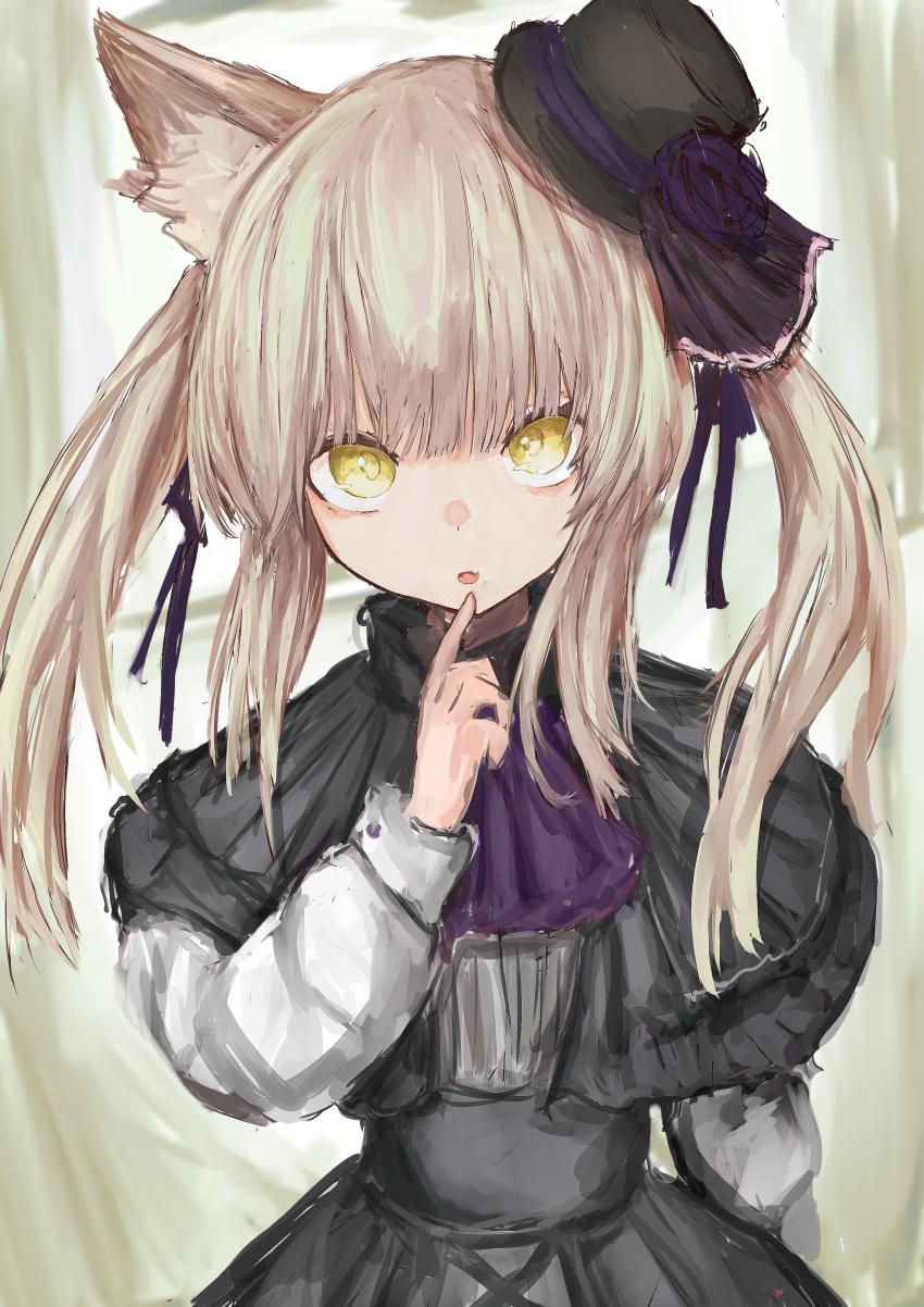 1girl absurdres animal_ear_fluff animal_ears bangs black_capelet black_headwear black_skirt brown_hair capelet fang finger_to_mouth hand_up highres long_hair long_sleeves looking_at_viewer original parted_lips piennamekuzi puffy_long_sleeves puffy_sleeves shirt sidelocks sketch skirt solo tilted_headwear twintails white_shirt yellow_eyes