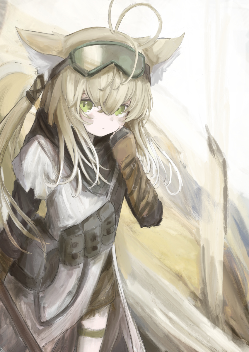 1girl absurdres animal_ears antenna_hair arknights bangs black_bag black_gloves blonde_hair blush closed_mouth commentary_request cowboy_shot elbow_gloves expressionless fox_ears fox_girl gloves goggles goggles_on_head green_eyes hair_between_eyes hair_tubes hand_up highres long_hair long_sleeves looking_at_viewer official_alternate_costume piennamekuzi pouch shirt solo suzuran_(arknights) suzuran_(lostlands_flowering)_(arknights) thigh_strap white_shirt