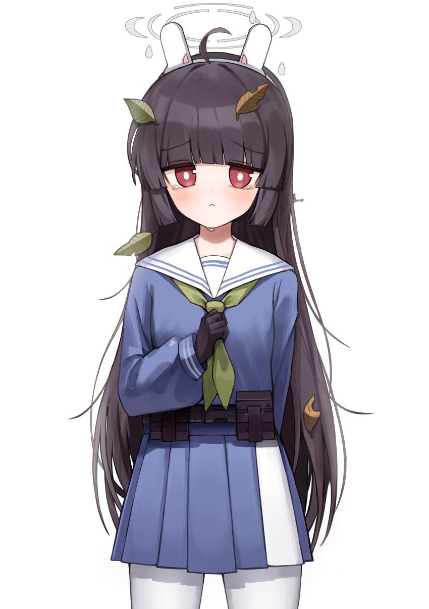 1girl :&lt; absurdres ahoge bangs black_gloves black_hair blue_archive blue_serafuku blue_shirt blue_skirt blush chipong closed_mouth commentary_request eyebrows_visible_through_hair gloves green_neckerchief halo headgear highres leaf leaf_on_head long_hair looking_at_viewer miyu_(blue_archive) neckerchief pantyhose pleated_skirt red_eyes sailor_collar school_uniform serafuku shirt simple_background skirt solo tears very_long_hair white_background white_legwear white_sailor_collar