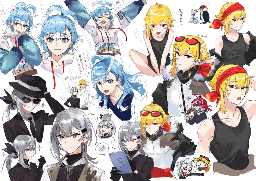 ... 5boys absurdres animalization anya_melfissa arms_up bandana bird black_gloves black_tank_top blonde_hair blue_eyes blue_hair cat closed_eyes collarbone commentary eyewear_on_head genderswap genderswap_(ftm) gloves grey_eyes grey_hair highres holoh3roes hololive hololive_indonesia kaela_kovalskia kaela_kovalskia_(penguin) kobo_kanaeru kureiji_ollie long_hair multiple_boys multiple_persona open_mouth penguin rain red-tinted_eyewear red_bandana red_eyes short_hair slime_(creature) smile sparkle spoken_ellipsis sunglasses symbol-only_commentary tank_top tinted_eyewear translation_request vestia_zeta virtual_youtuber wet white_background yomosaka younger