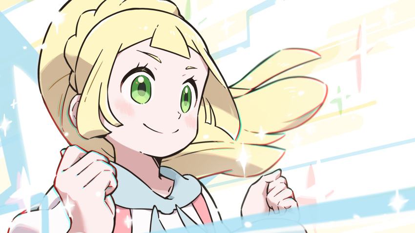 1girl blonde_hair blush braid clenched_hands closed_mouth commentary_request floating_hair french_braid green_eyes hands_up high_ponytail highres kikugawa_manami lillie_(pokemon) long_hair pokemon pokemon_(game) pokemon_sm shirt smile solo sparkle split_mouth upper_body white_shirt