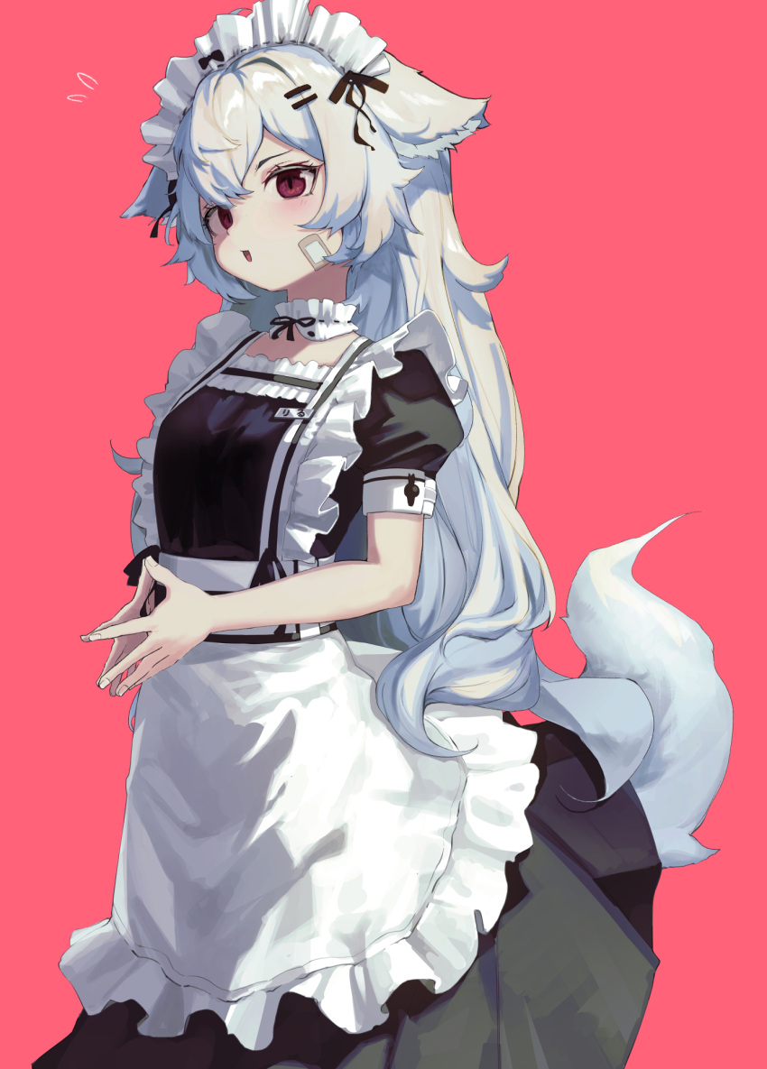 1girl :d animal_ears apron bandaid bandaid_on_cheek bandaid_on_face bangs bare_arms black_bow black_dress black_ribbon blush bow choker dress ears_down feet_out_of_frame fingernails flying_sweatdrops frilled_apron frilled_choker frills grey_hair hair_bow hair_ribbon head_tilt highres id_card long_hair looking_at_viewer maid_apron maid_headdress original own_hands_together puffy_short_sleeves puffy_sleeves red_background red_eyes ribbon short_sleeves simple_background slit_pupils smile solo standing steepled_fingers tail timitarcat very_long_hair white_apron white_hair