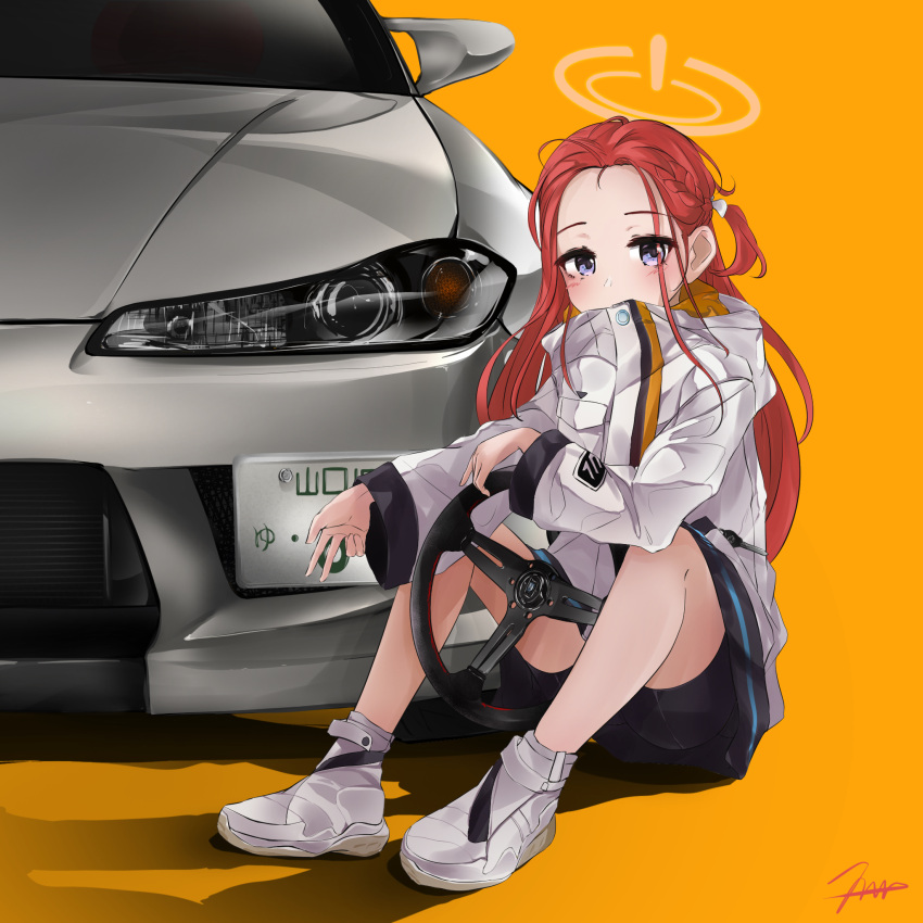 1girl bangs blue_archive blush braid car commentary english_commentary ground_vehicle highres hood hooded_jacket jacket long_hair long_sleeves motor_vehicle multicolored_clothes multicolored_jacket nissan nissan_s15_silvia nougat_(73r1r1) one_side_up orange_background parted_bangs redhead shoes simple_background sitting sneakers solo steering_wheel violet_eyes white_footwear white_jacket yuzu_(blue_archive)