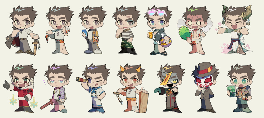 1boy belt blue_eyes brown_eyes bruise bruised_eye camouflage camouflage_pants closed_eyes closed_mouth collared_shirt commentary_request cup deformed expressions eyewear_on_head fedora gakuran green_eyes hand_tattoo hat heart heart-shaped_eyewear highres holding holding_sword holding_telescope holding_weapon horns injury jacket jacket_removed jiangshi_costume kan_(pyy_c12) loafers magatama male_focus mask master_3_(housamo) multiple_persona nail o_o one_eye_closed open_mouth orange_eyes pants partially_unbuttoned santa_costume school_uniform scout_uniform shirt shoes short_hair sleepy snowflakes striped striped_shirt sunglasses sword tattoo thick_eyebrows tokyo_afterschool_summoners towel towel_around_neck towel_around_waist track_suit variations violet_eyes weapon yellow_eyes
