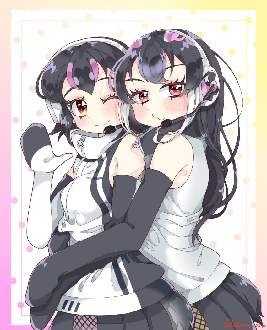2girls african_penguin_(kemono_friends) animal_ears black_eyes black_hair closed_mouth highres hug hug_from_behind humboldt_penguin_(kemono_friends) kedama_(ughugjydthjdf) kemono_friends kemono_friends_v_project long_hair looking_at_viewer microphone multiple_girls red_eyes revision shirt simple_background skirt smile tail virtual_youtuber yellow_eyes yuri