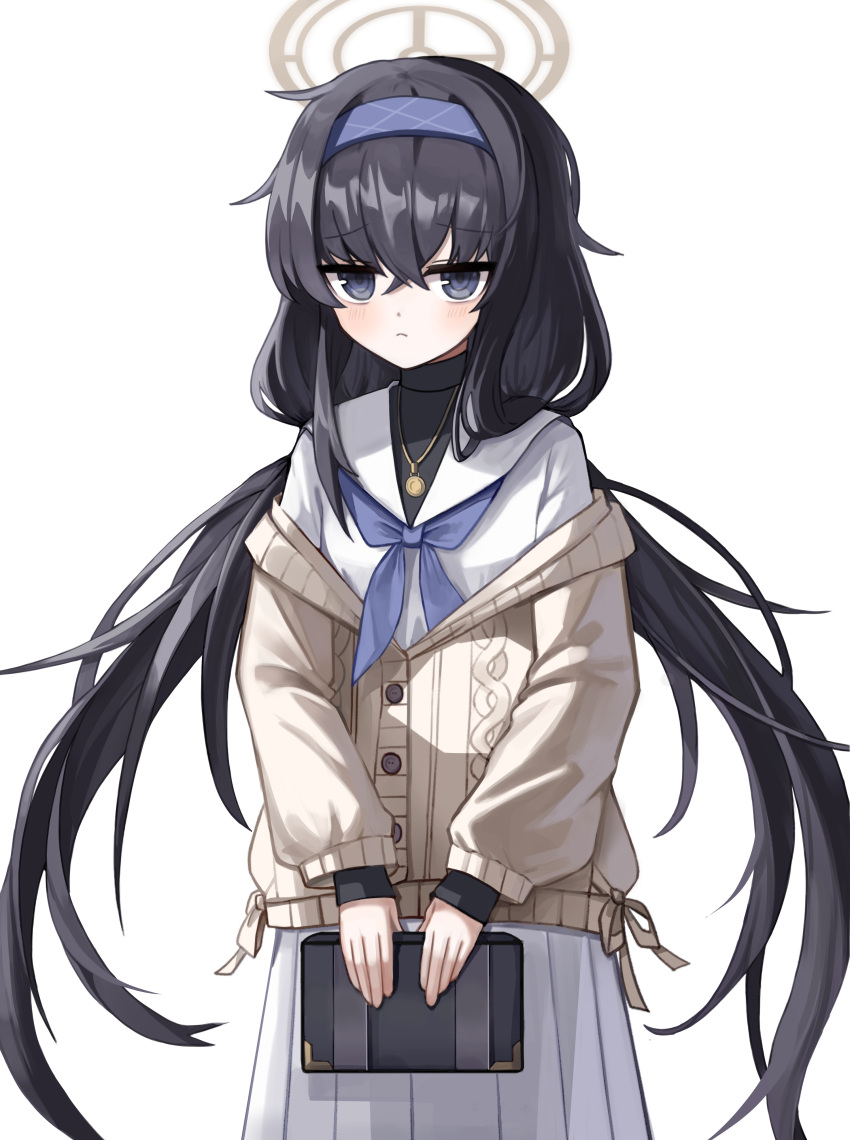 1girl absurdres bangs black_hair blue_archive blue_eyes blue_hairband blush brown_jacket chipong closed_mouth commentary_request eyebrows_visible_through_hair hair_between_eyes hairband halo highres holding jacket long_hair long_sleeves low_twintails pleated_skirt puffy_long_sleeves puffy_sleeves shirt simple_background skirt sleeves_past_wrists solo twintails ui_(blue_archive) very_long_hair white_background white_shirt white_skirt