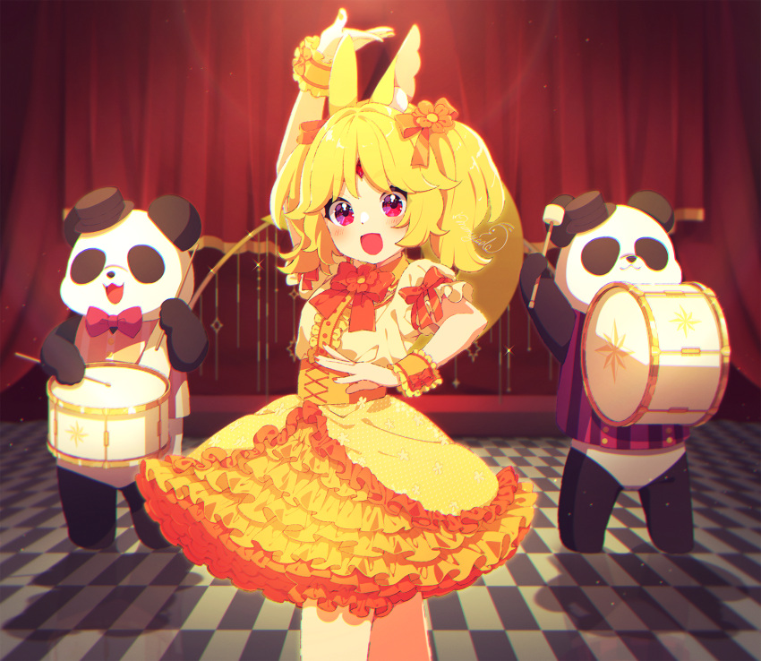 1girl :d aldin_nicola animal animal_ear_fluff animal_ears arm_up bangs blonde_hair bow bowtie brown_shirt checkered_floor commentary_request curtains drum drumsticks flower forehead_jewel frilled_skirt frills highres holding instrument long_hair mamyouda panda puffy_short_sleeves puffy_sleeves red_bow red_bowtie red_flower seventh_happiness shirt short_eyebrows short_sleeves skirt smile solo standing thick_eyebrows violet_eyes virtual_youtuber wrist_cuffs yellow_skirt