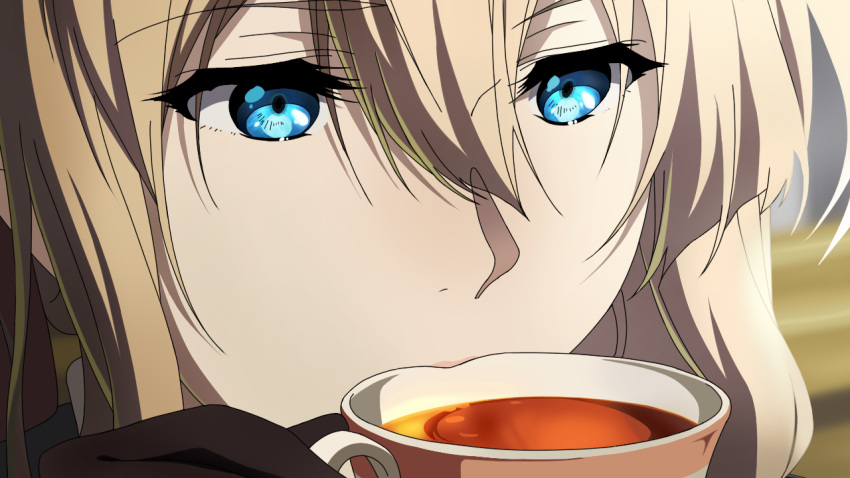 1girl bangs blue_eyes brown_gloves close-up commentary_request cup derivative_work drinking face gloves hair_between_eyes holding holding_cup lips solo tea violet_evergarden violet_evergarden_(series) yuuri-622