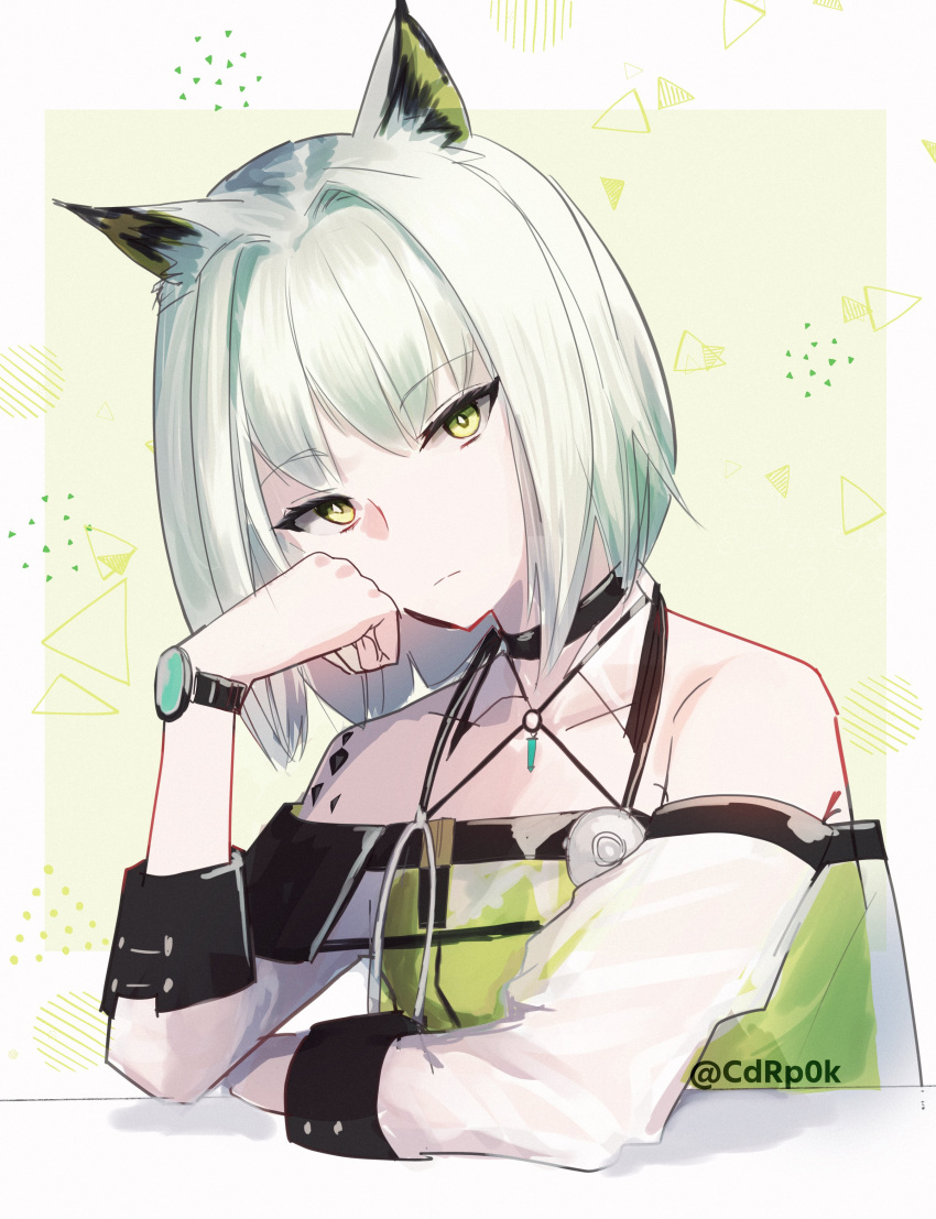 :| absurdres animal_ears arknights cat_ears cdrp0k closed_mouth collarbone detached_sleeves elbows_on_table green_eyes hand_on_own_face highres kal'tsit_(arknights) oripathy_lesion_(arknights) stethoscope tank_top triangle_print upper_body watch watch white_hair
