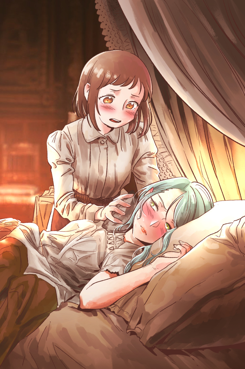 2girls aqua_hair bang_dream! bed bed_sheet below_sami blush brown_eyes brown_hair brown_skirt eyebrows_behind_hair green_eyes hazawa_tsugumi highres hikawa_sayo long_hair looking_at_another lying multiple_girls on_bed on_side open_mouth pillow shirt short_hair short_sleeves skirt victorian white_shirt yuri